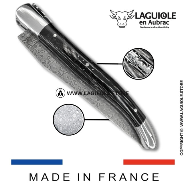 laguiole pocket knife – damascus balbach blade & double liners – buffalo horn