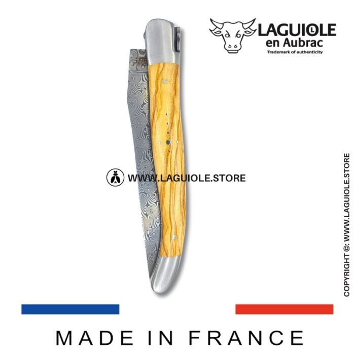 laguiole pocket knife – damascus balbach blade & double liners – olivewood