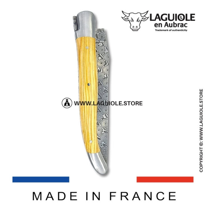 laguiole pocket knife – damascus balbach blade & double liners – olivewood