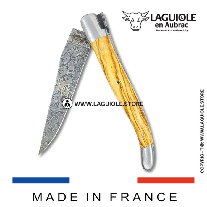 laguiole pocket knife – damascus balbach blade & double liners – olivewood