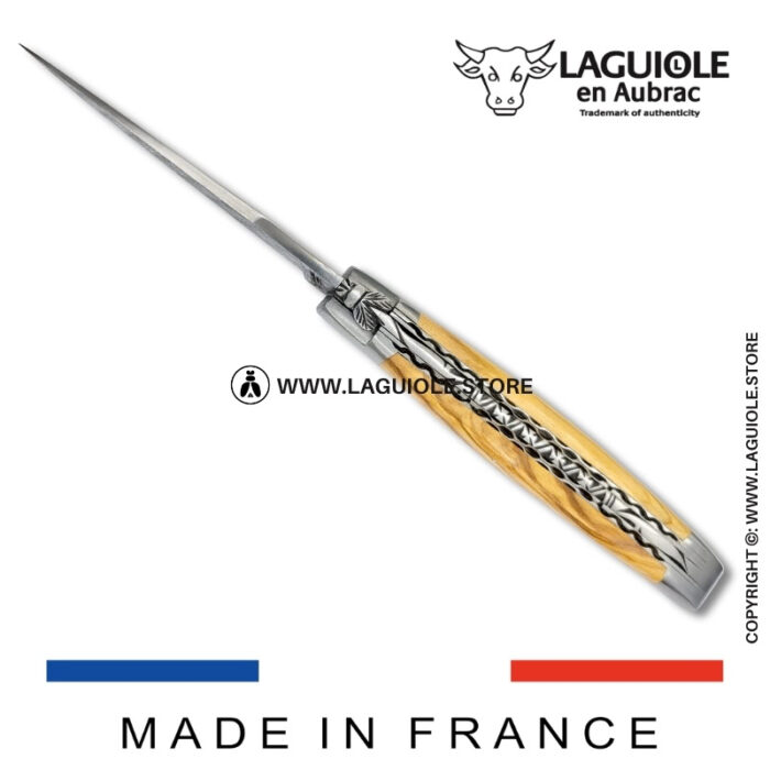 laguiole pocket knife – damascus balbach blade & double liners – olivewood