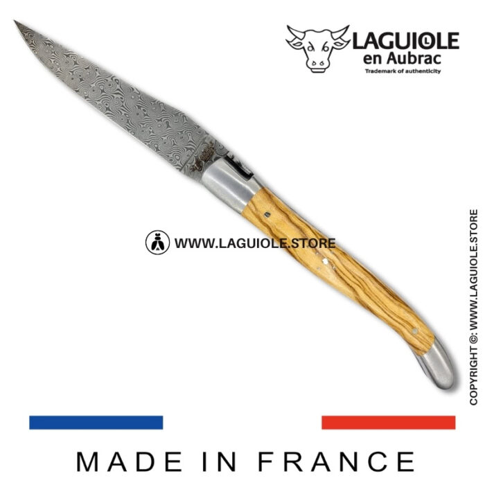 laguiole pocket knife – damascus balbach blade & double liners – olivewood