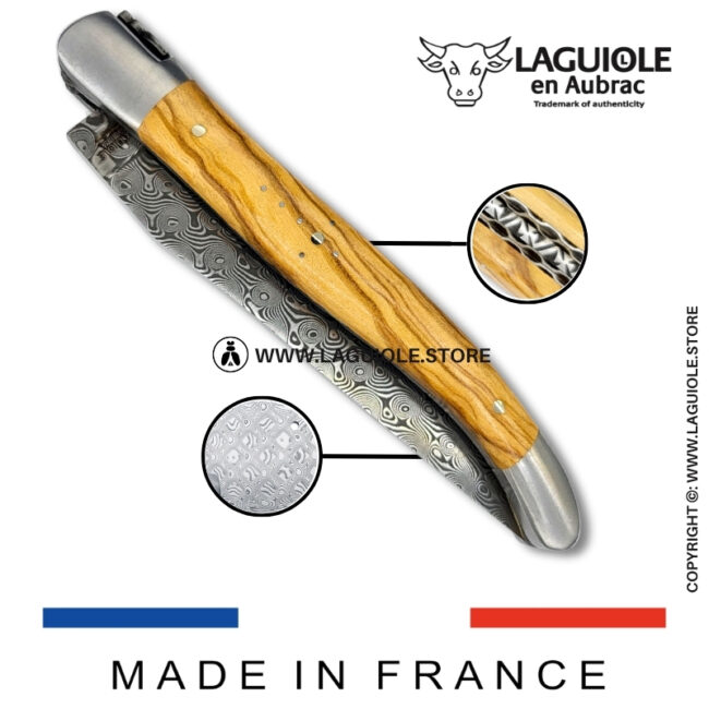 laguiole pocket knife – damascus balbach blade & double liners – olivewood
