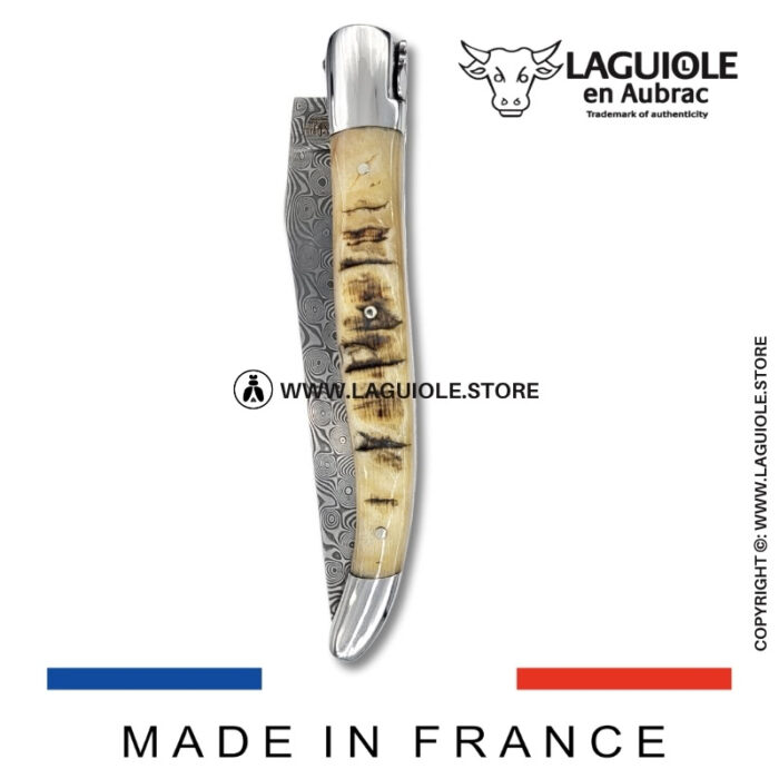 laguiole pocket knife – damascus balbach blade & double liners – ram horn