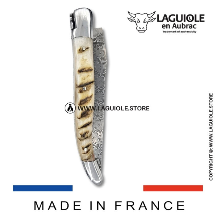laguiole pocket knife – damascus balbach blade & double liners – ram horn