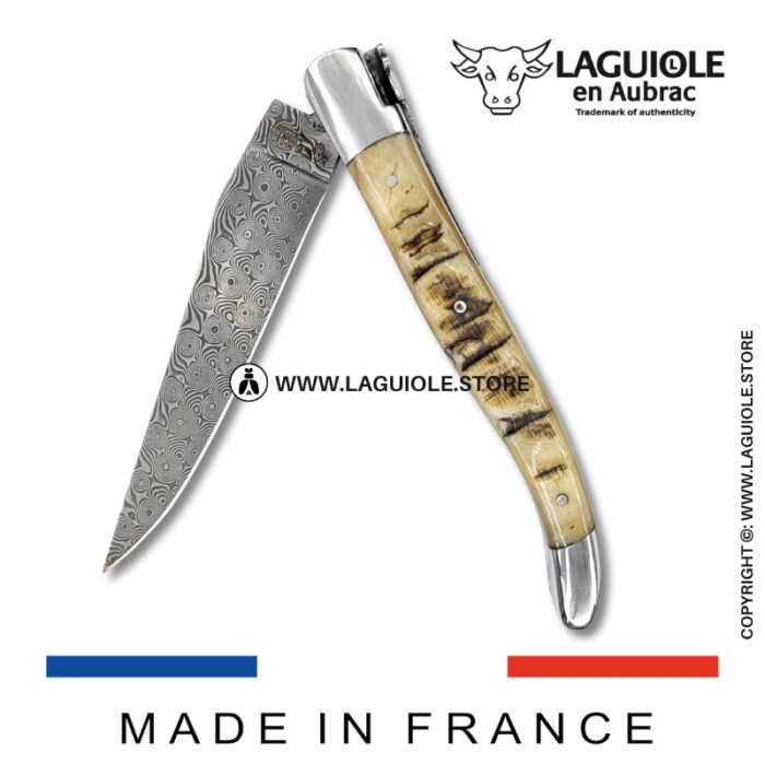 laguiole pocket knife – damascus balbach blade & double liners – ram horn