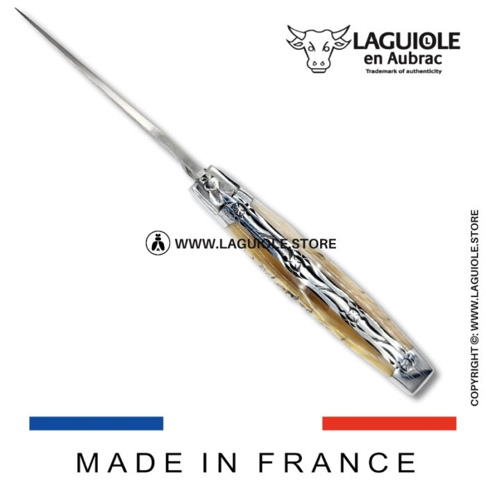 laguiole pocket knife – damascus balbach blade & double liners – ram horn