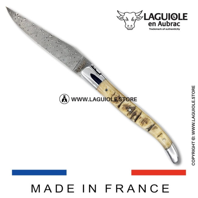 laguiole pocket knife – damascus balbach blade & double liners – ram horn