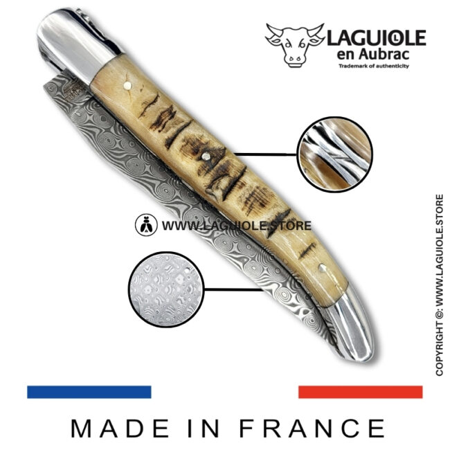 laguiole pocket knife – damascus balbach blade & double liners – ram horn