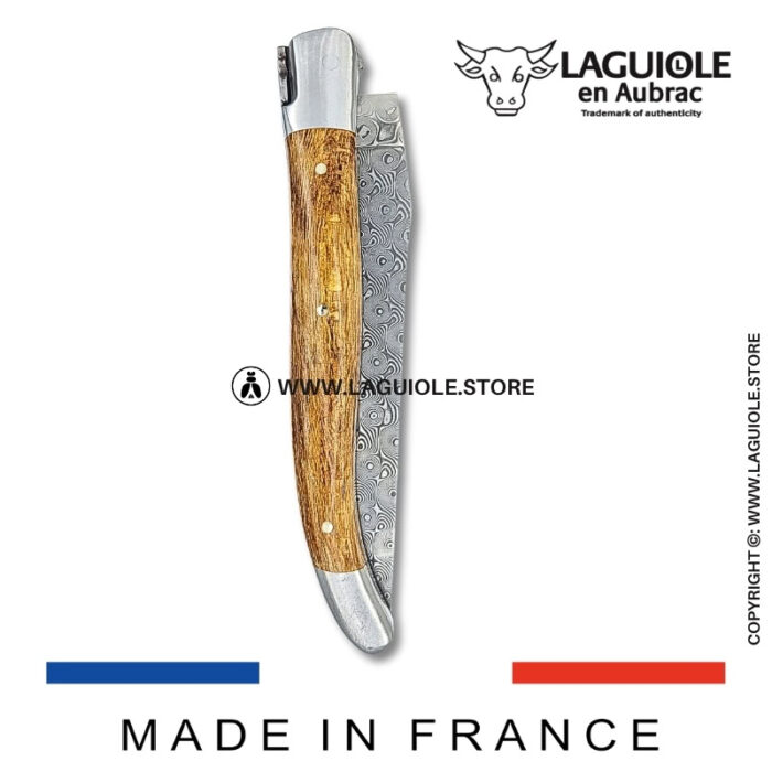 laguiole pocket knife – damascus balbach blade & double liners – vine stock wood