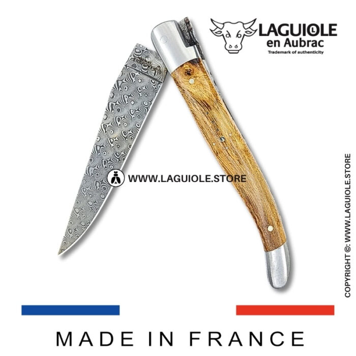 laguiole pocket knife – damascus balbach blade & double liners – vine stock wood