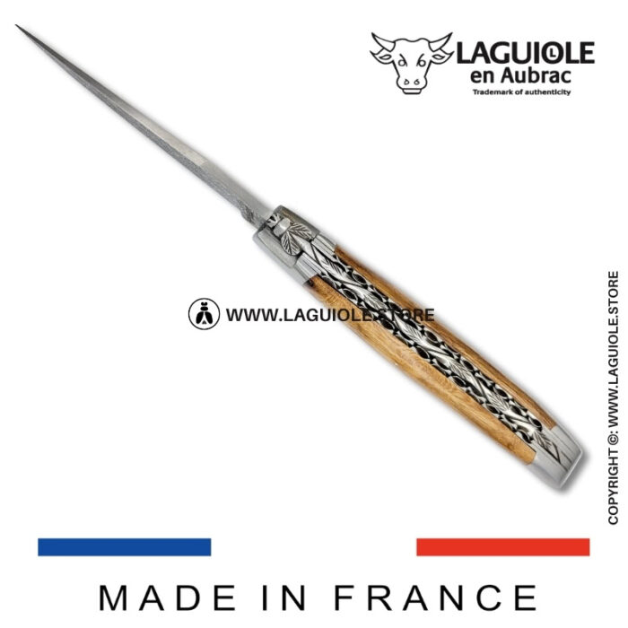 laguiole pocket knife – damascus balbach blade & double liners – vine stock wood
