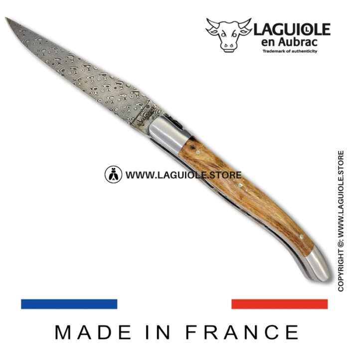 laguiole pocket knife – damascus balbach blade & double liners – vine stock wood