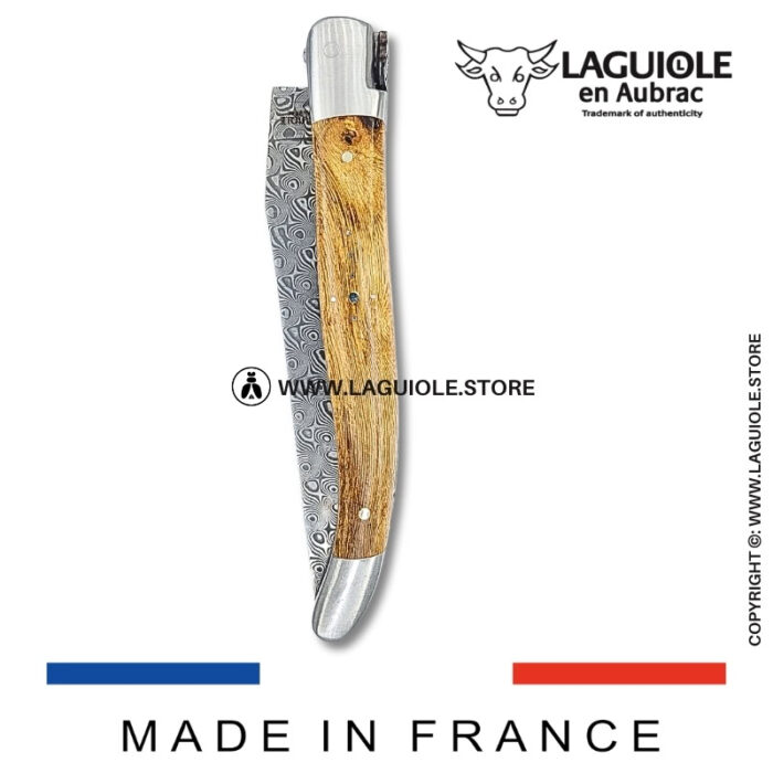 laguiole pocket knife – damascus balbach blade & double liners – vine stock wood