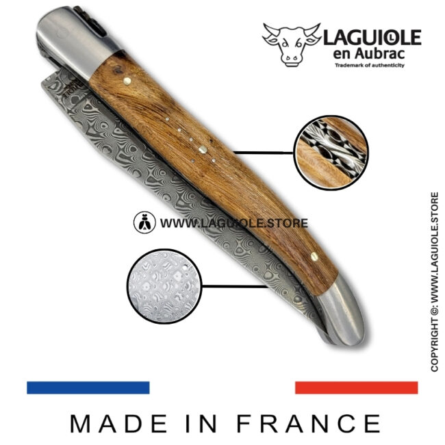 laguiole pocket knife – damascus balbach blade & double liners – vine stock wood