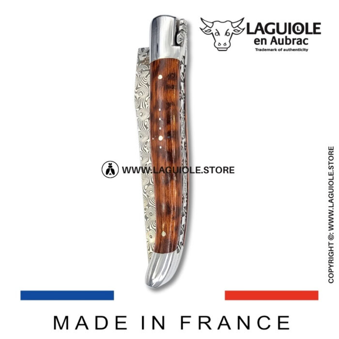 laguiole pocket knife in snakewood – hand engraved liners & balbach damascus blade