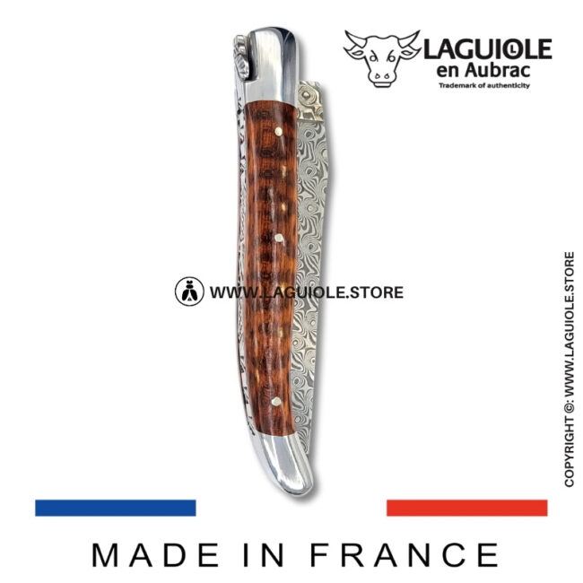 laguiole pocket knife in snakewood – hand engraved liners & balbach damascus blade