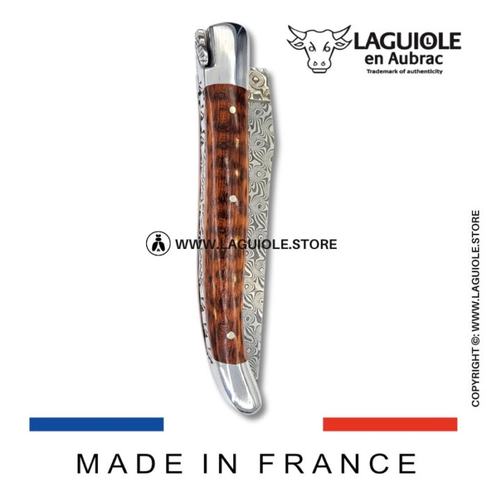 laguiole pocket knife in snakewood – hand engraved liners & balbach damascus blade