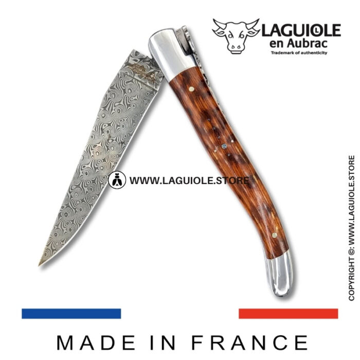 laguiole pocket knife in snakewood – hand engraved liners & balbach damascus blade