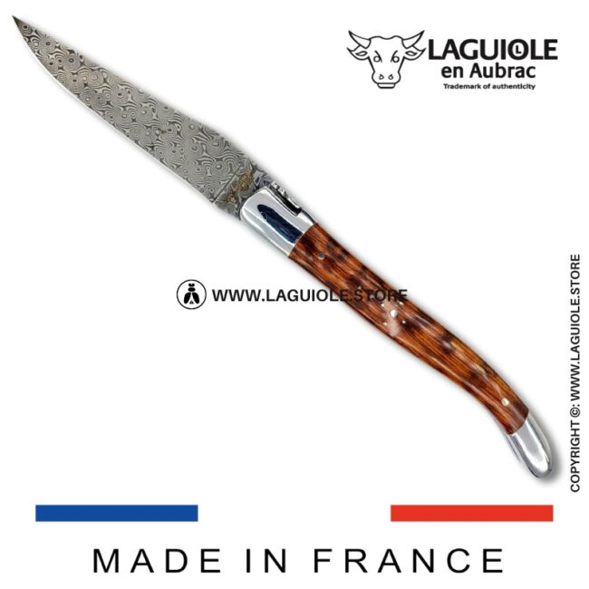 laguiole pocket knife in snakewood – hand engraved liners & balbach damascus blade