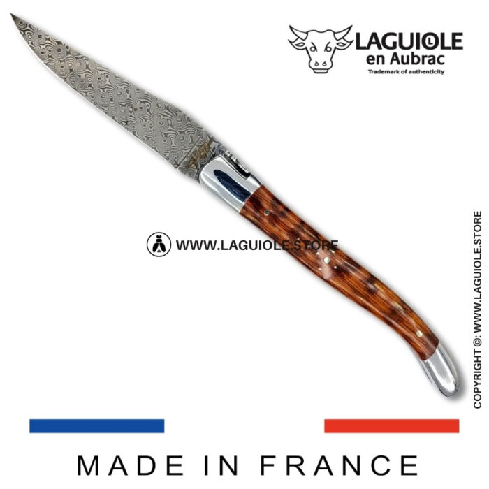 laguiole pocket knife in snakewood – hand engraved liners & balbach damascus blade