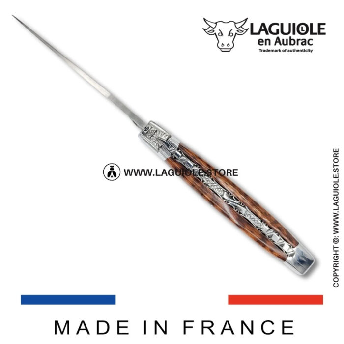 laguiole pocket knife in snakewood – hand engraved liners & balbach damascus blade