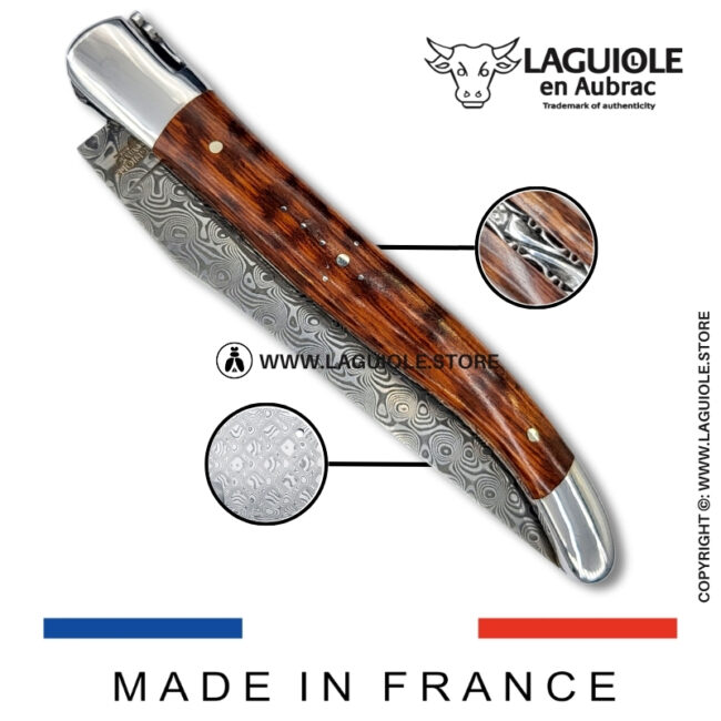 laguiole pocket knife in snakewood – hand engraved liners & balbach damascus blade
