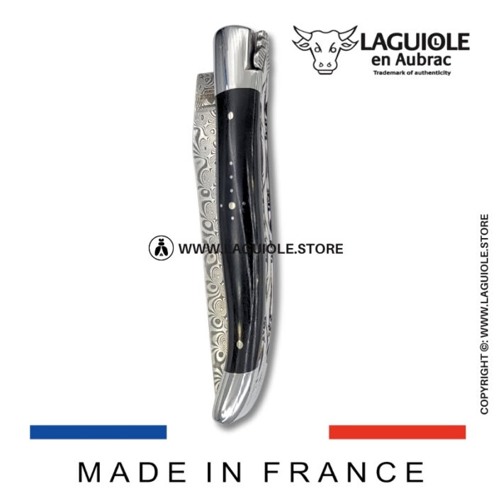 laguiole pocket knife in ebony – hand engraved liners & balbach damascus blade