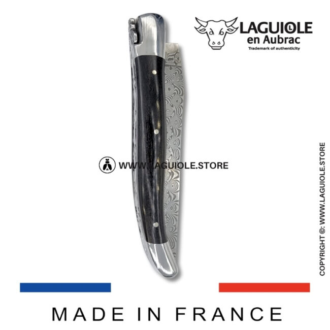 laguiole pocket knife in ebony – hand engraved liners & balbach damascus blade