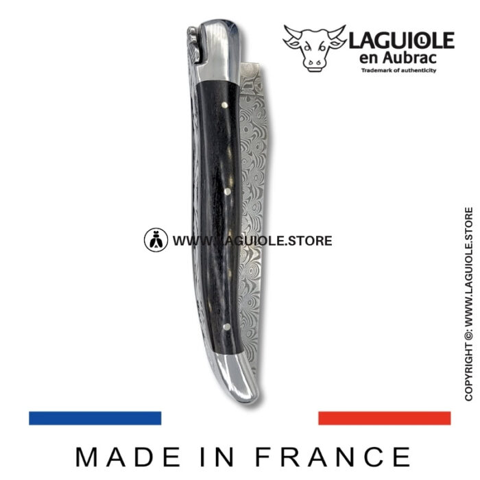 laguiole pocket knife in ebony – hand engraved liners & balbach damascus blade