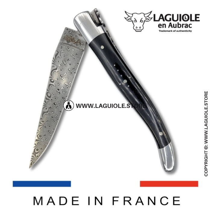 laguiole pocket knife in ebony – hand engraved liners & balbach damascus blade