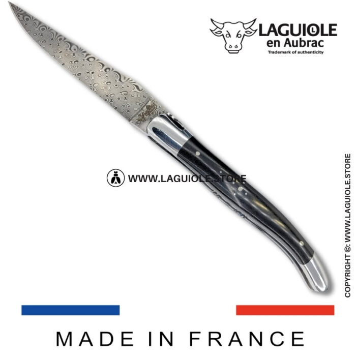 laguiole pocket knife in ebony – hand engraved liners & balbach damascus blade