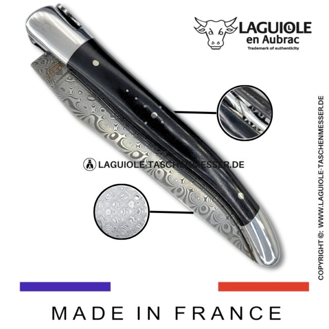 laguiole pocket knife in ebony – hand engraved liners & balbach damascus blade