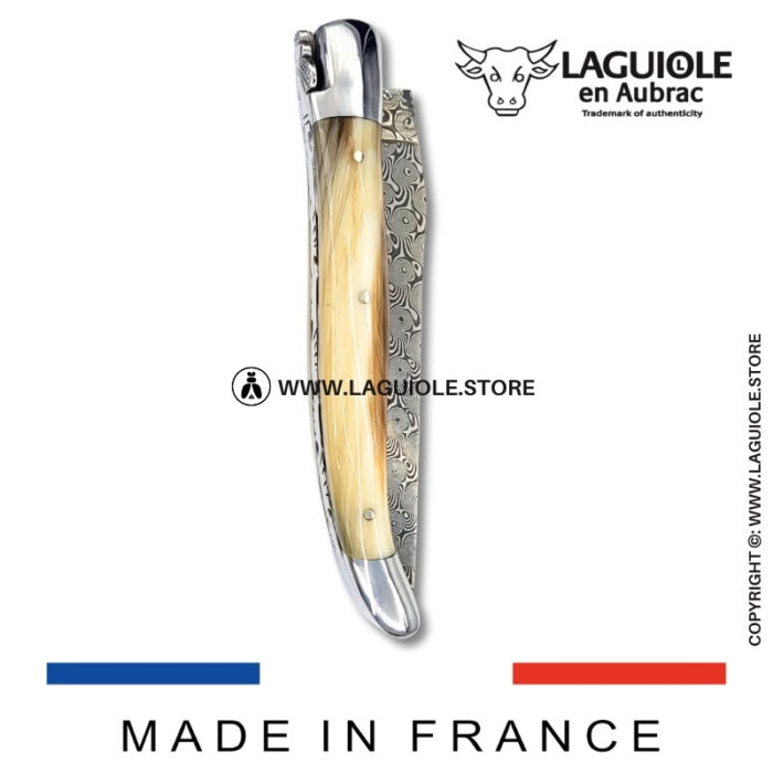 laguiole pocket knife in zebu horn tip – hand engraved liners & balbach damascus blade