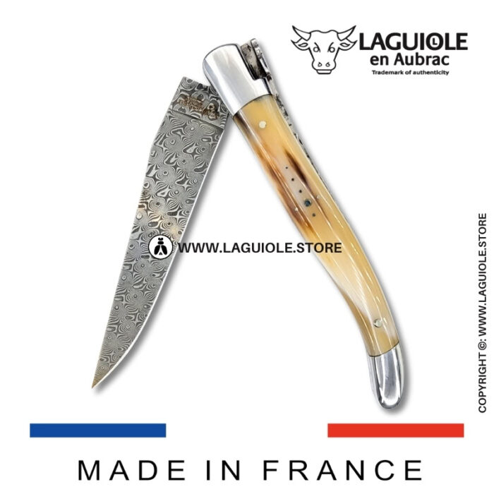 laguiole pocket knife in zebu horn tip – hand engraved liners & balbach damascus blade