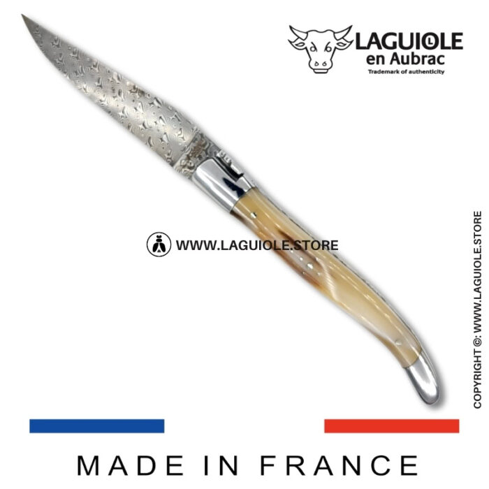 laguiole pocket knife in zebu horn tip – hand engraved liners & balbach damascus blade
