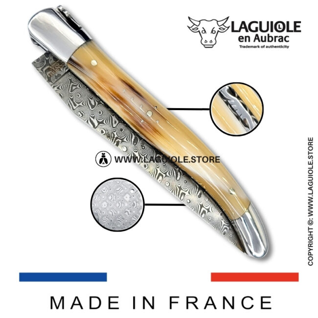 laguiole pocket knife in zebu horn tip – hand engraved liners & balbach damascus blade