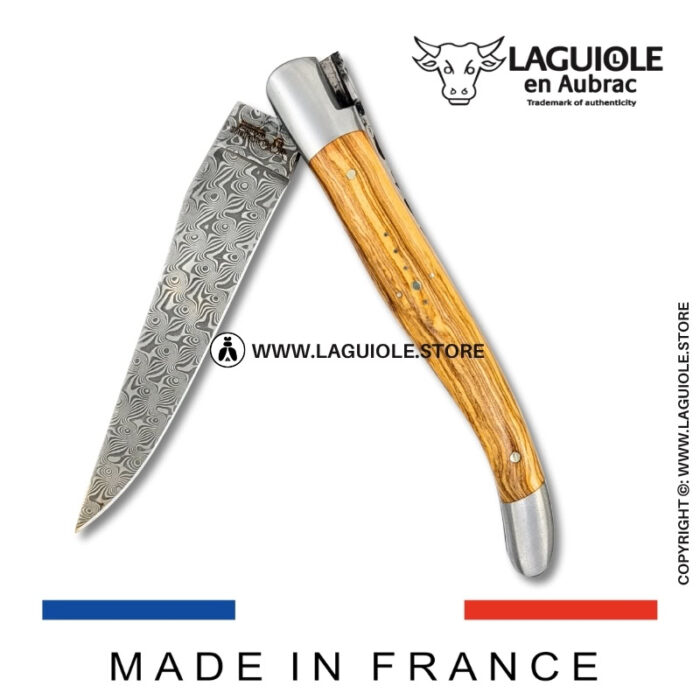 laguiole pocket knife in olivewood – hand engraved liners & balbach damascus blade