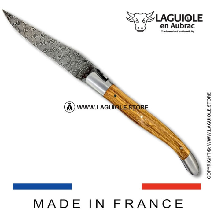laguiole pocket knife in olivewood – hand engraved liners & balbach damascus blade