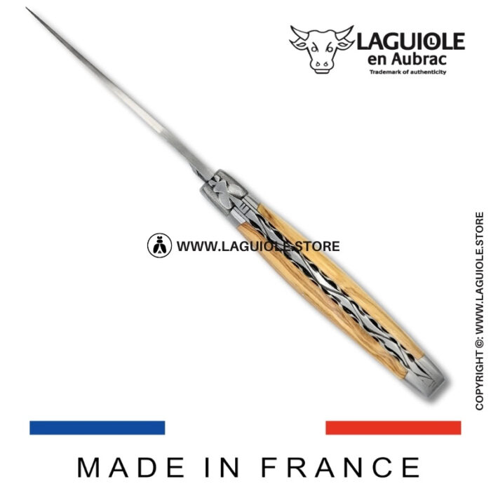 laguiole pocket knife in olivewood – hand engraved liners & balbach damascus blade