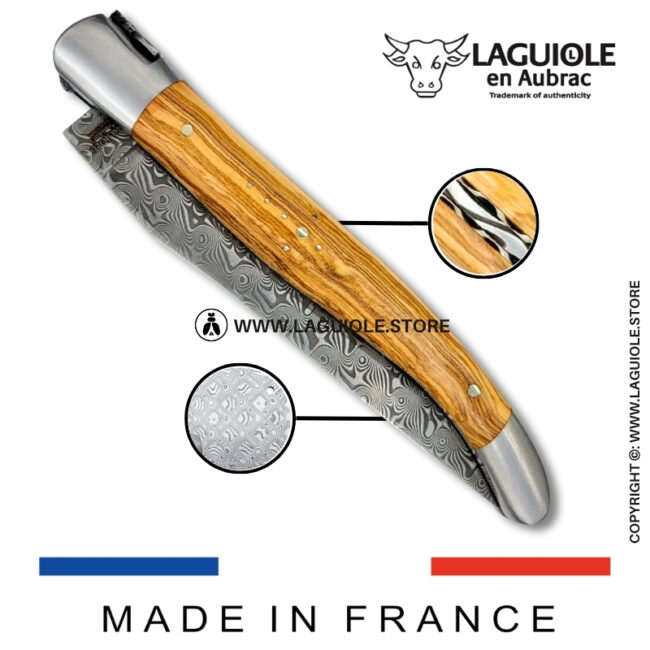 laguiole pocket knife in olivewood – hand engraved liners & balbach damascus blade