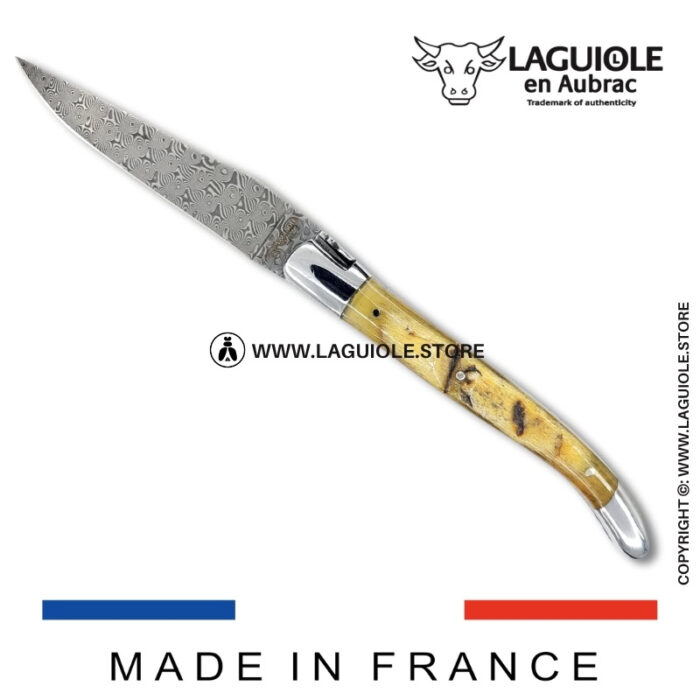 laguiole pocket knife in ram horn – hand engraved liners & balbach damascus blade