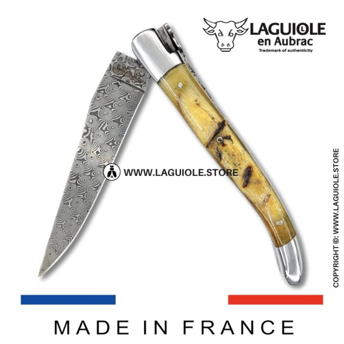 laguiole pocket knife in ram horn – hand engraved liners & balbach damascus blade