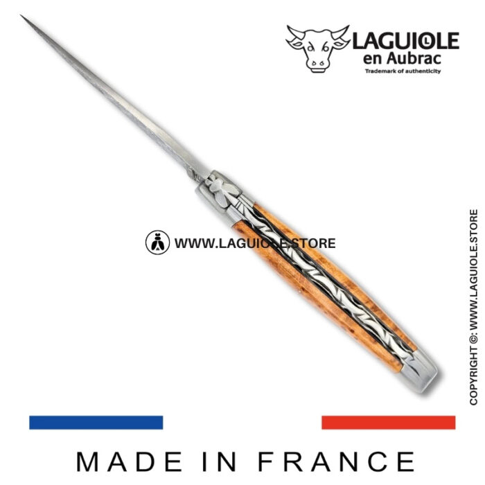 laguiole pocket knife in thuya – hand engraved liners & balbach damascus blade