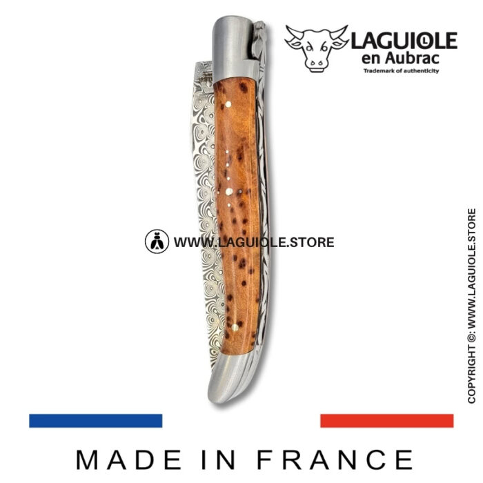laguiole pocket knife in thuya – hand engraved liners & balbach damascus blade