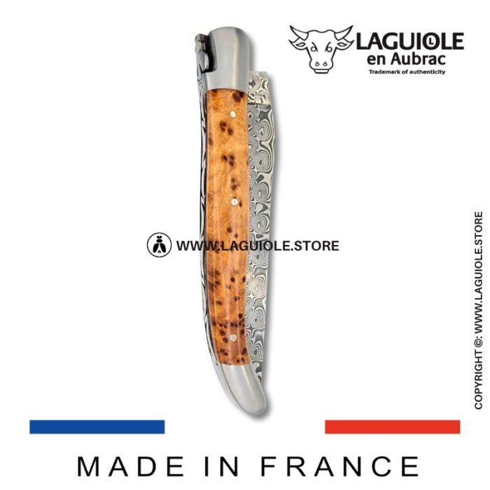 laguiole pocket knife in thuya – hand engraved liners & balbach damascus blade