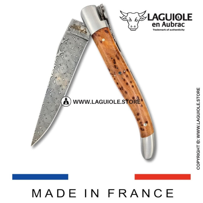 laguiole pocket knife in thuya – hand engraved liners & balbach damascus blade