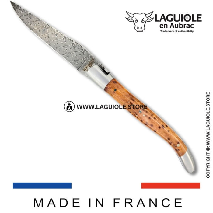 laguiole pocket knife in thuya – hand engraved liners & balbach damascus blade