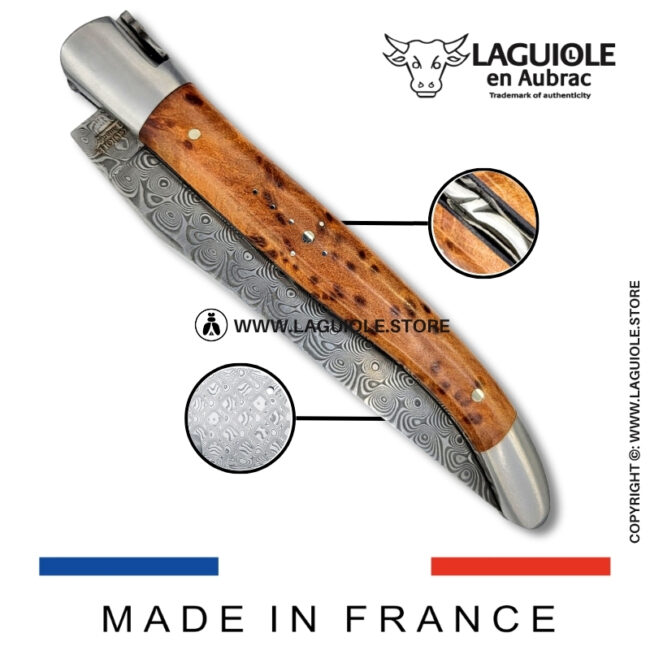 laguiole pocket knife in thuya – hand engraved liners & balbach damascus blade