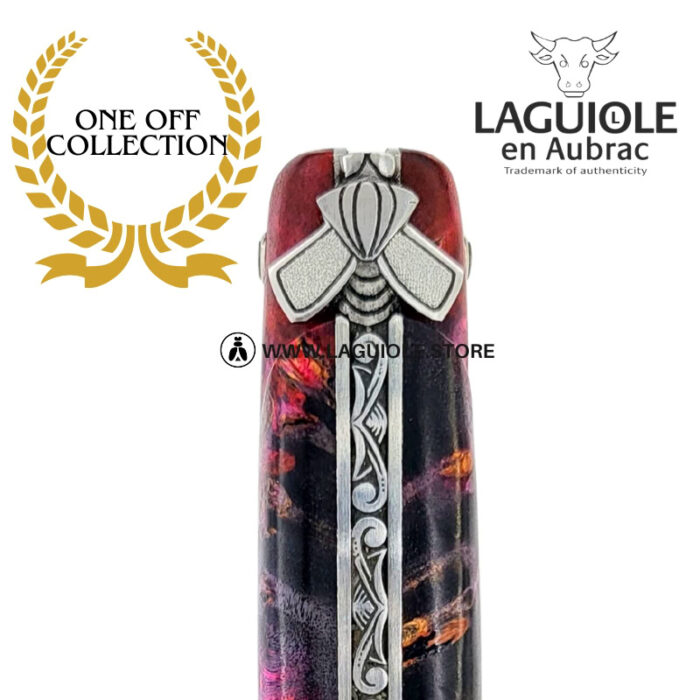 purple shell: laguiole knife in elder burl – carved bee with open wings –– full handle